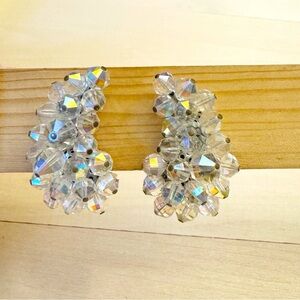 Vintage Laguna Climber Earrings Beaded Crystal Clip-ons Aurora Borealis Clear
